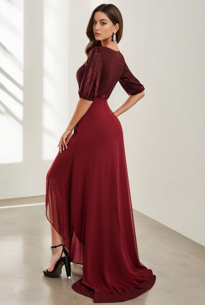 3 4 sleeve sheer sequin stripe high low hem evening dress 138752
