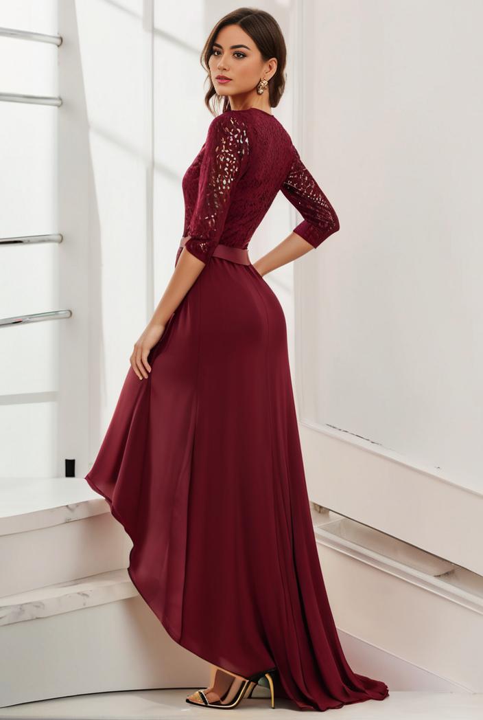 3 4 sleeve sheer sequin stripe high low hem evening dress 138769