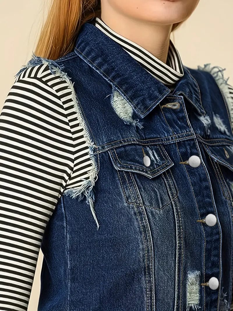 Washed Denim Sleeveless Vest with Distressed Ripped Lapel, Women's Denim Jacket Collection