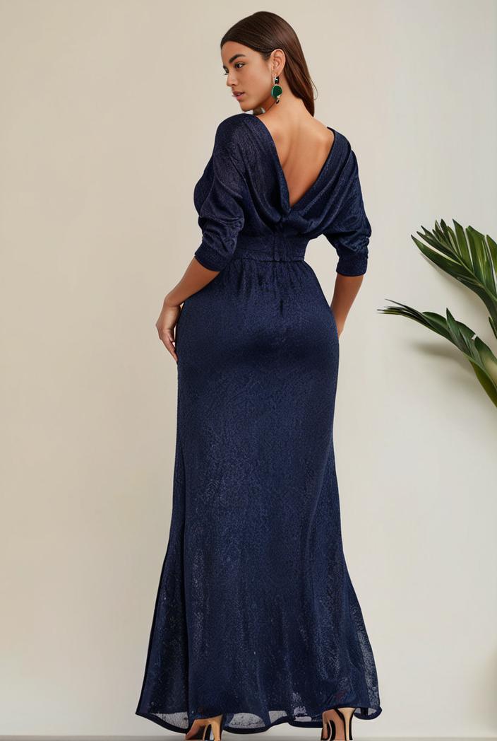 3 4 sleeve bodycon plunging back sequin evening dress 139288