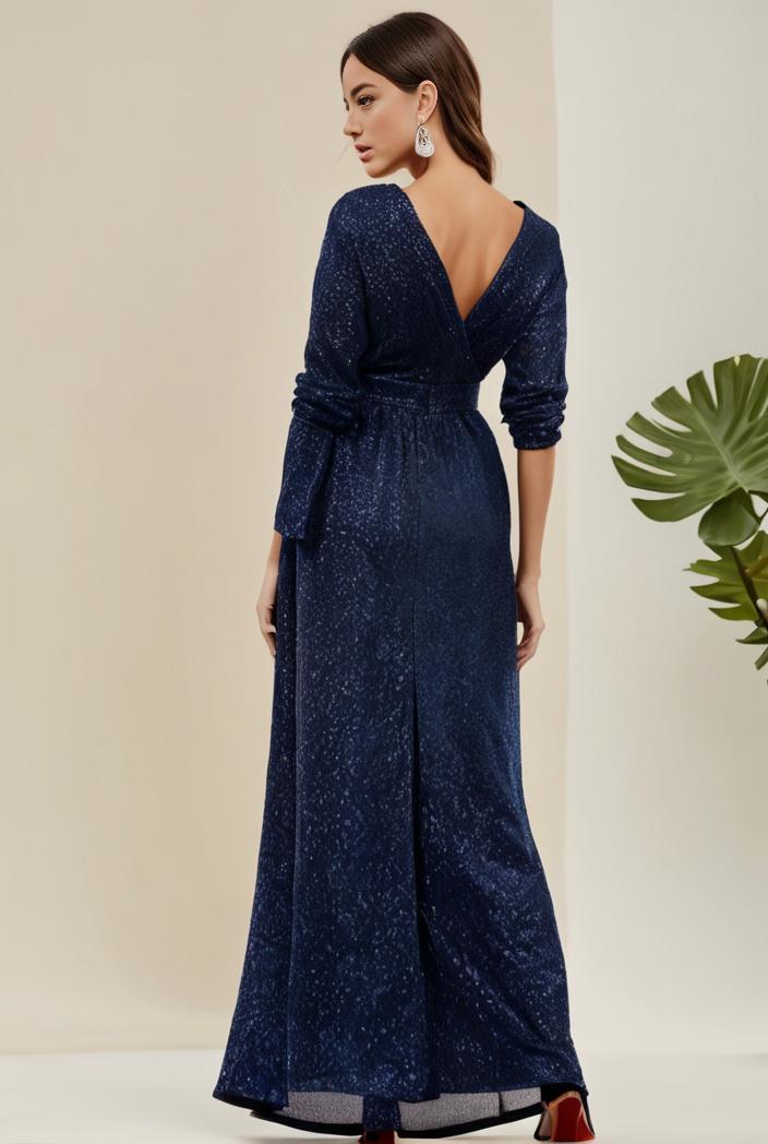 3 4 sleeve bodycon plunging back sequin evening dress 139290