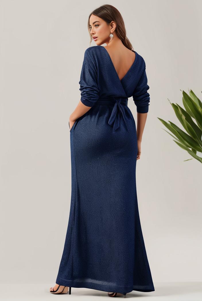3 4 sleeve bodycon plunging back sequin evening dress 139292