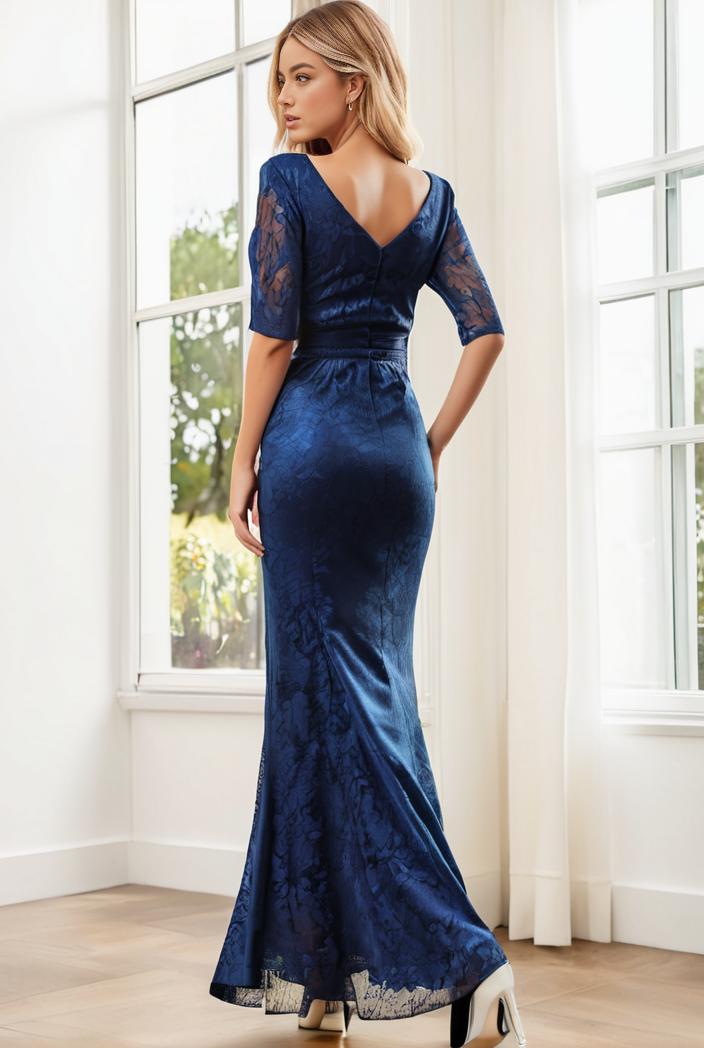 3 4 sleeve bodycon plunging back sequin evening dress 139299