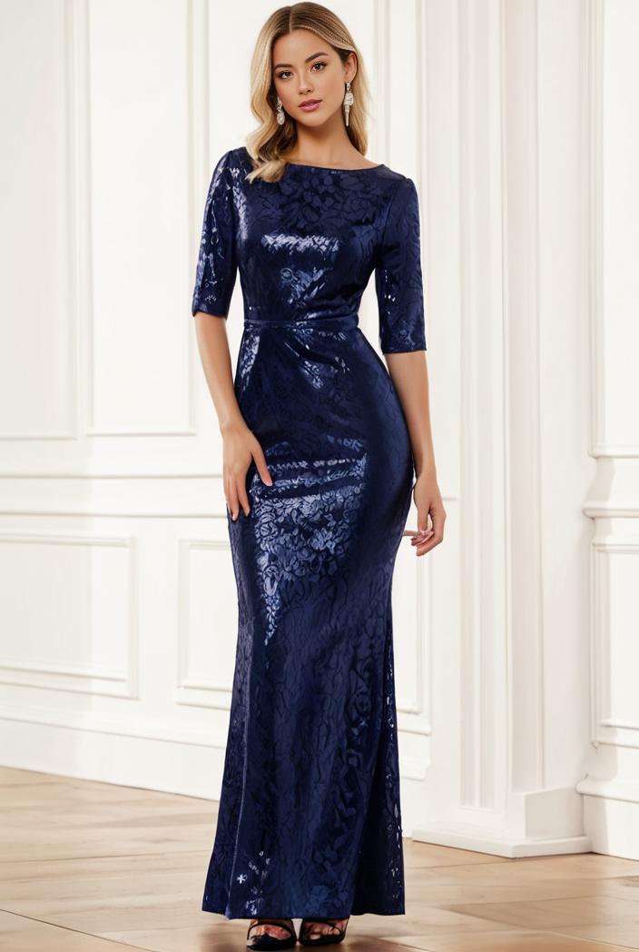 3 4 sleeve bodycon plunging back sequin evening dress 139306