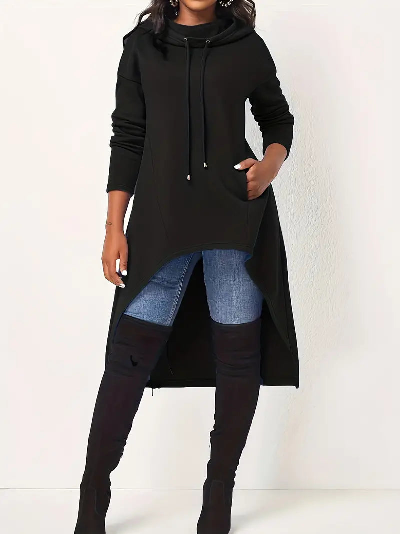 Stylish Drawstring Hooded Long Sleeve High Low Hem Hoodie