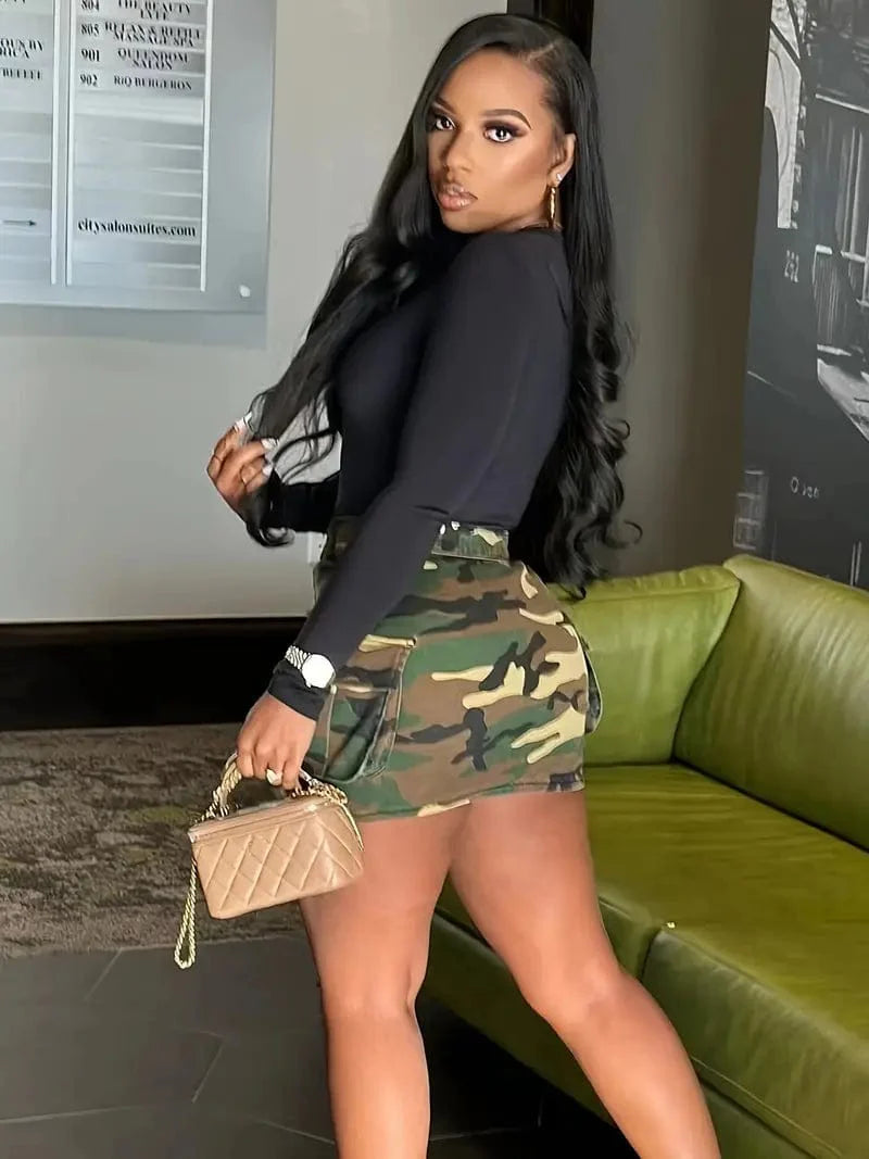 Slim Fit Camo Cargo Denim Mini Skirt, Y2K Style with Pockets