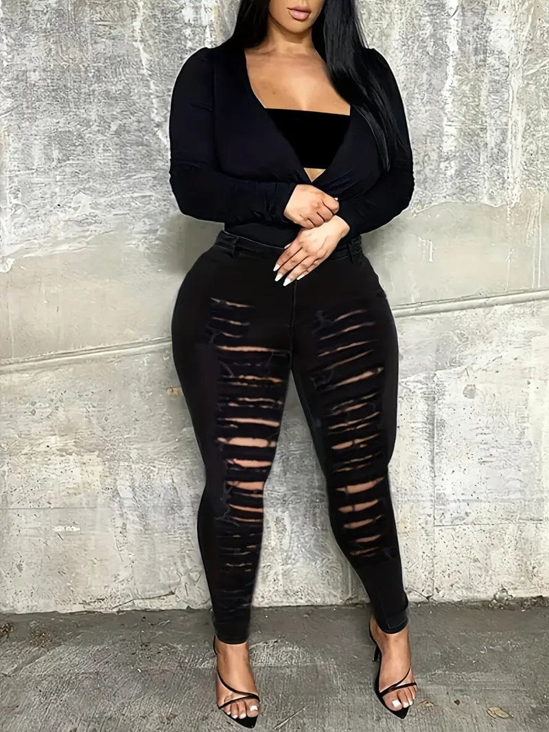 Skinny Black Denim Pants with Rips, Women's Stretchy Jeans