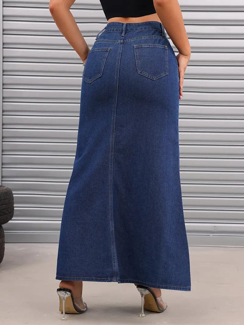 Versatile Women's Denim Maxi Skirt with Slant Pockets