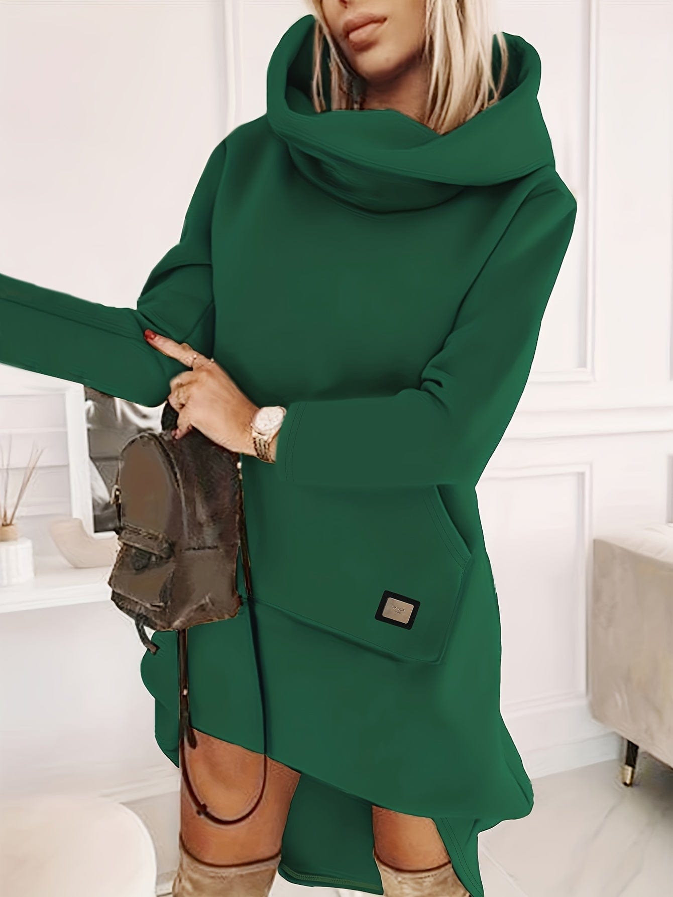 Solid Stylish Kangaroo Pocket Hooded Sweatshirt Midi Dress