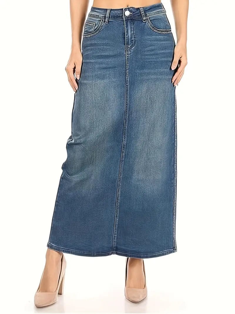 High Waist Blue Denim Midi Skirt with Slant Pockets for Women