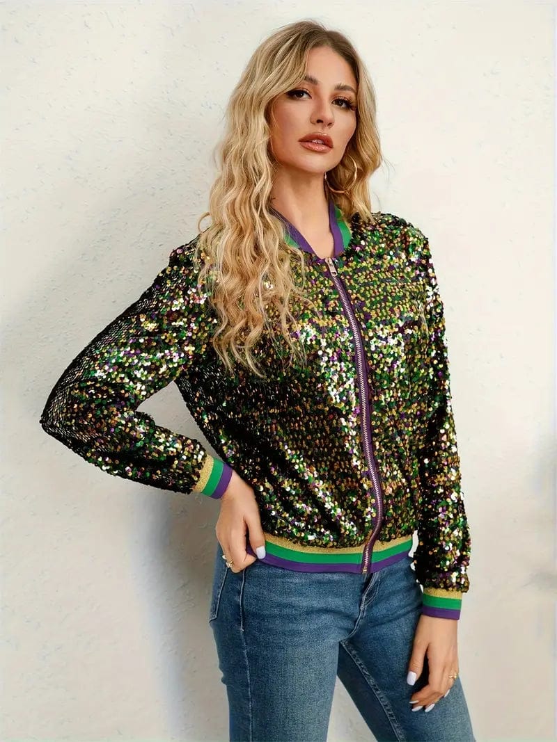 Sequin Bomber Jacket with Zipper Closure and Long Sleeves, Stylish Women's Outerwear