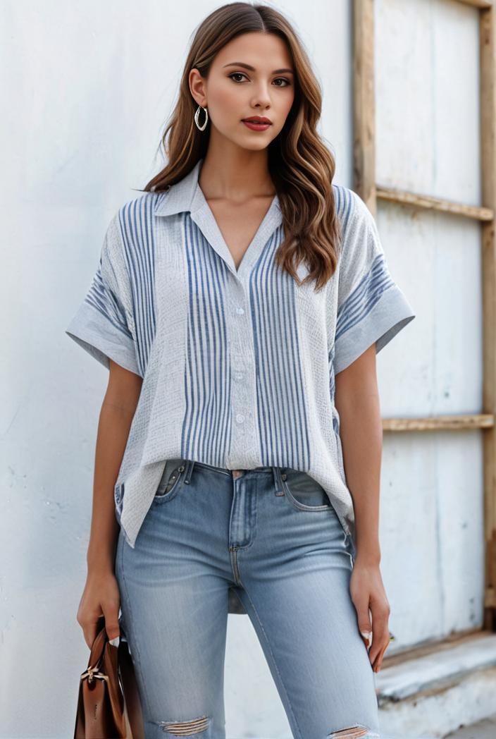 v neck thin loose plaid short sleeved blouse 112242