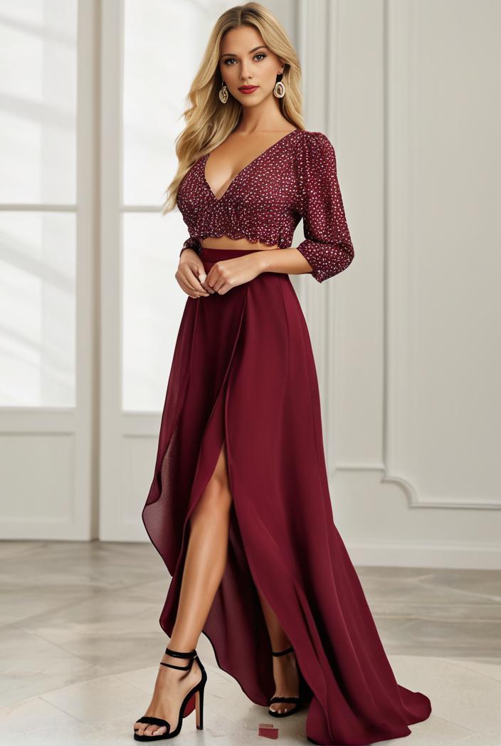 3 4 sleeve sheer sequin stripe high low hem evening dress 115867