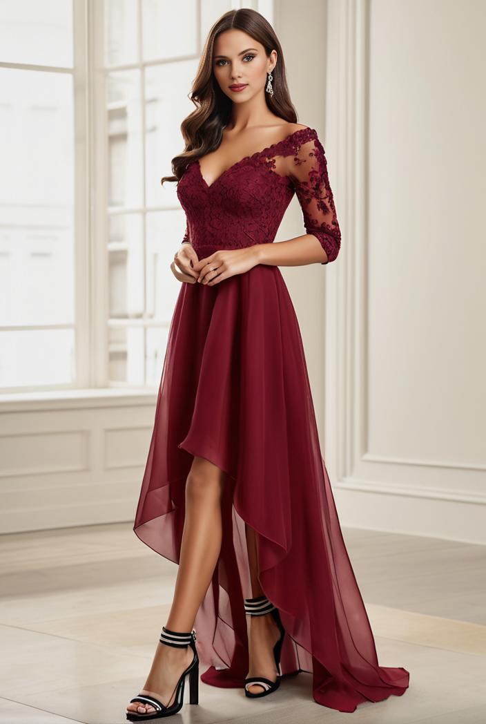 3 4 sleeve sheer sequin stripe high low hem evening dress 115869