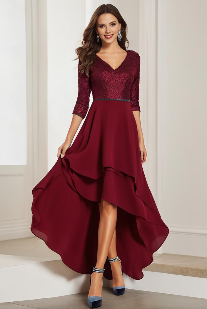 3 4 sleeve sheer sequin stripe high low hem evening dress 115884