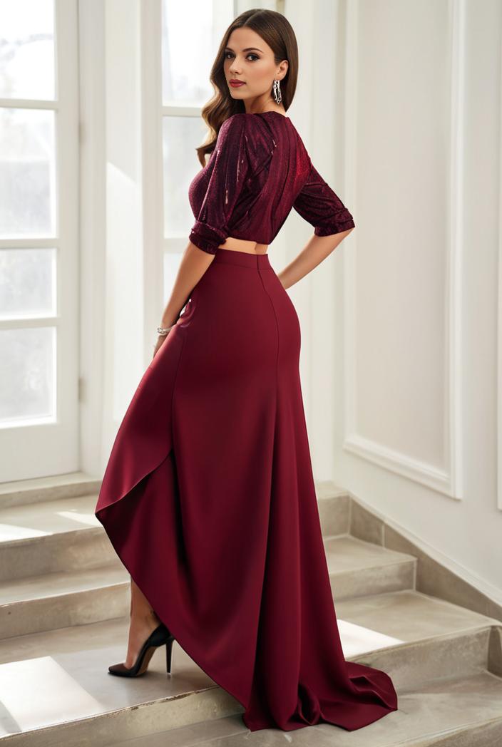 3 4 sleeve sheer sequin stripe high low hem evening dress 115904