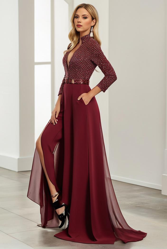3 4 sleeve sheer sequin stripe high low hem evening dress 115905