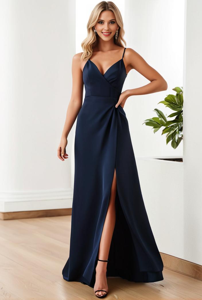 pleated v neck spaghetti strap high slit bridesmaid dress 134643