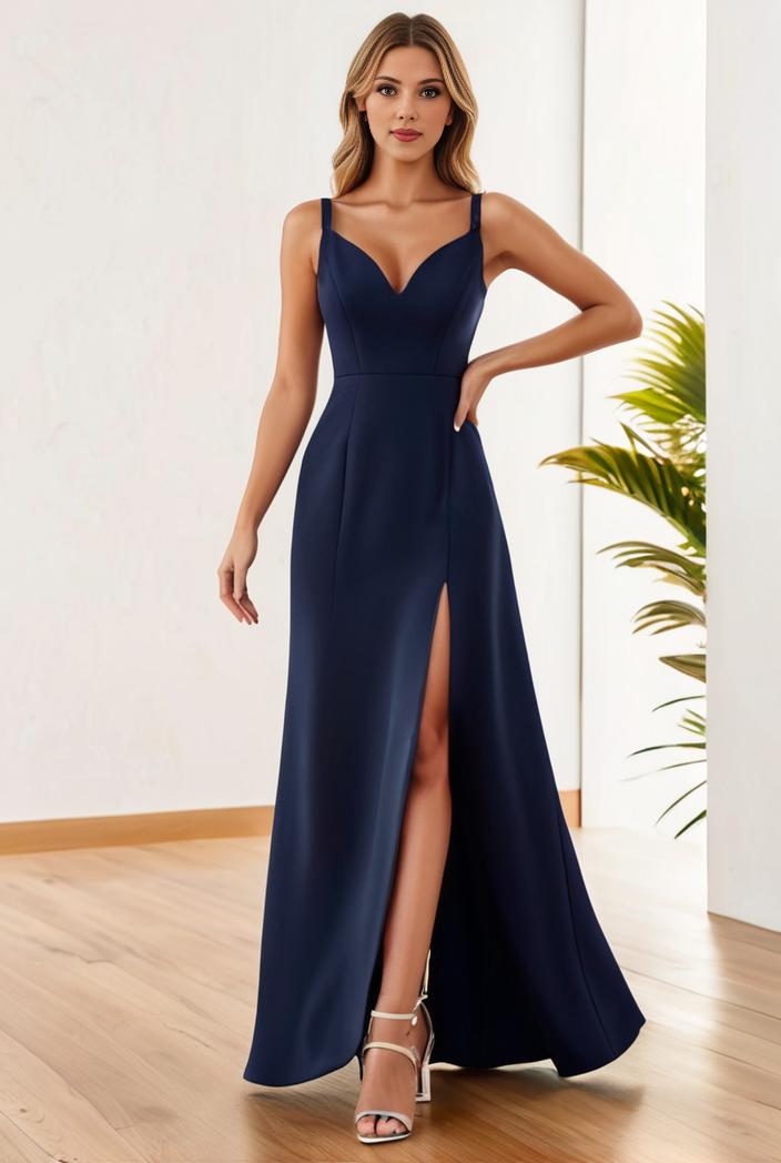 pleated v neck spaghetti strap high slit bridesmaid dress 134644