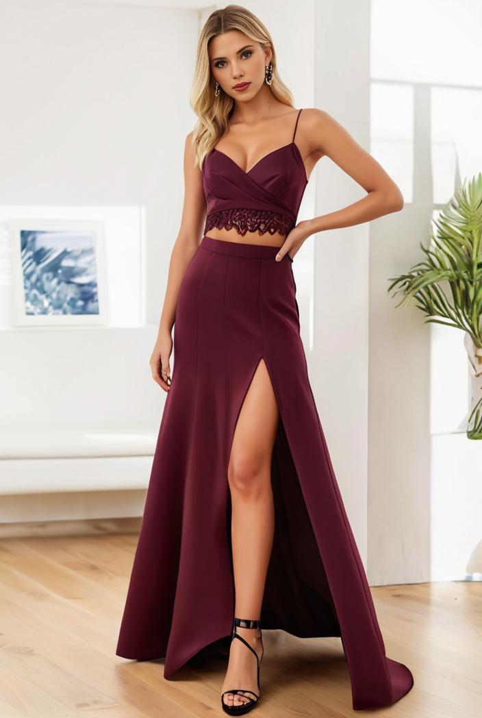 pleated v neck spaghetti strap high slit bridesmaid dress 134653