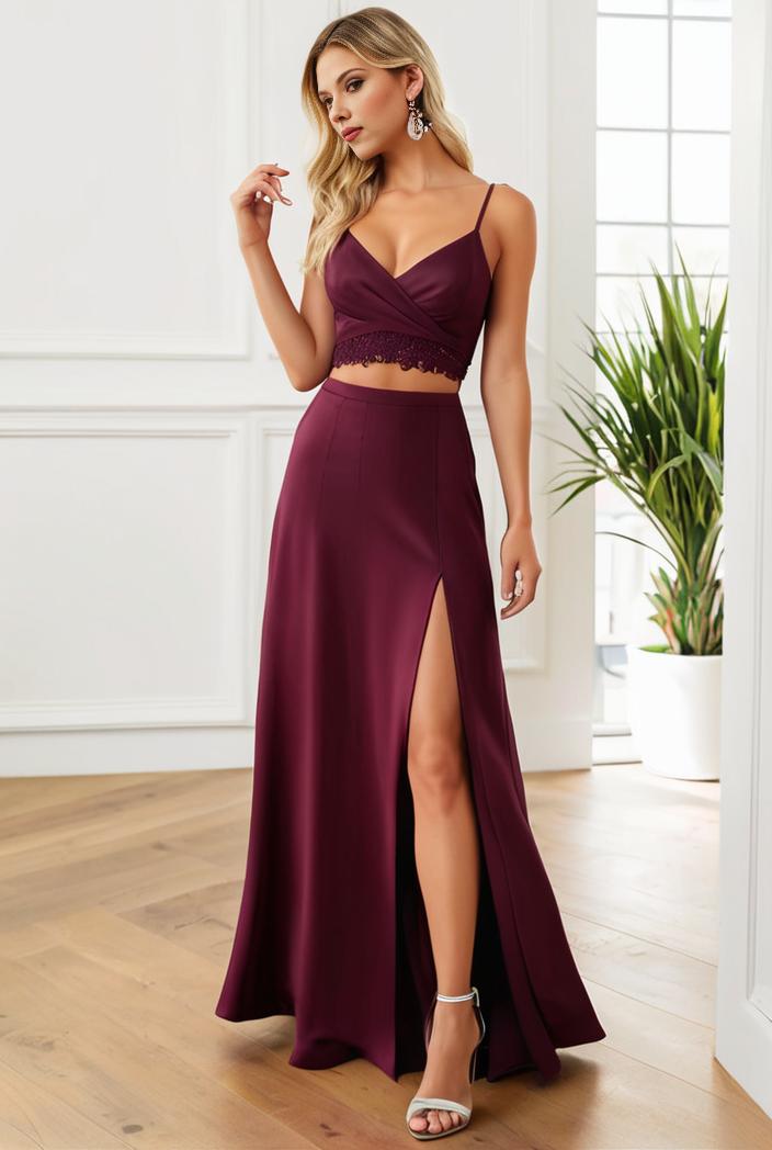 pleated v neck spaghetti strap high slit bridesmaid dress 134663