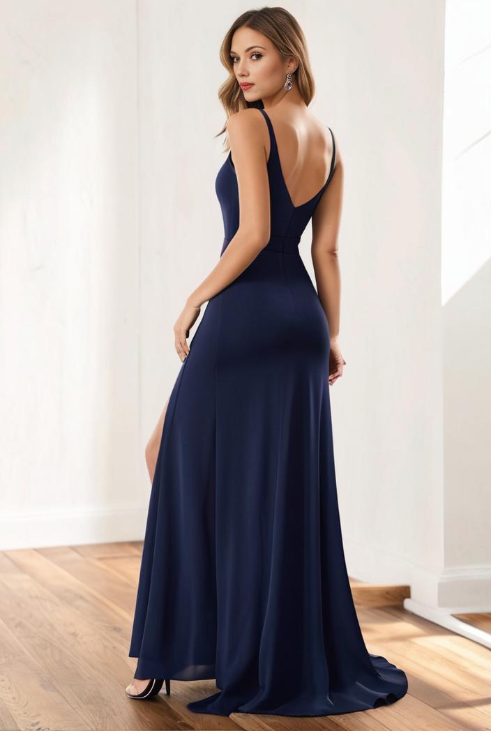 pleated v neck spaghetti strap high slit bridesmaid dress 134667
