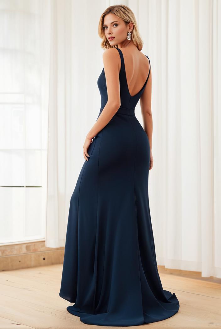pleated v neck spaghetti strap high slit bridesmaid dress 134671