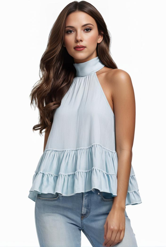 mock neck ruched ruffles sleeveless casual top 125786