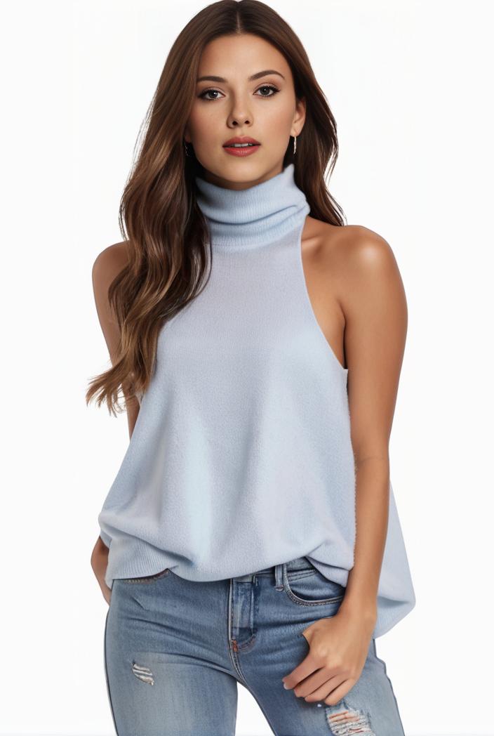 mock neck ruched ruffles sleeveless casual top 125790