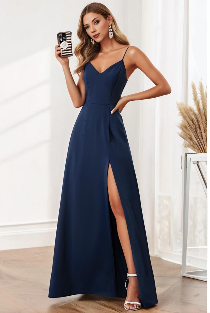 pleated v neck spaghetti strap high slit bridesmaid dress 128169