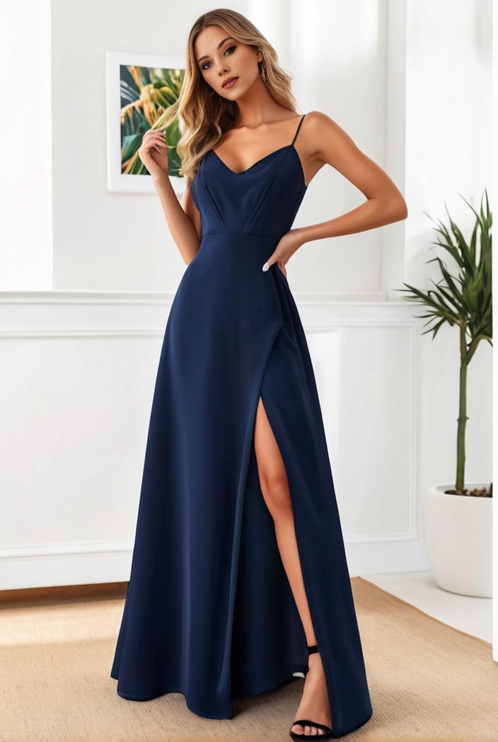 pleated v neck spaghetti strap high slit bridesmaid dress 128173