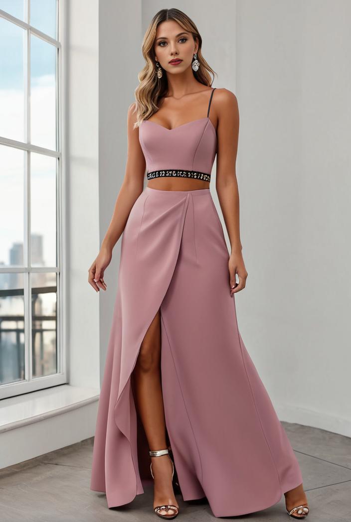 pleated v neck spaghetti strap high slit bridesmaid dress 128178
