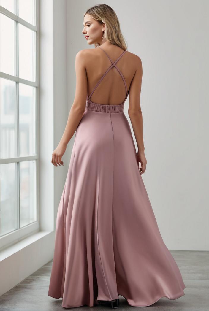pleated v neck spaghetti strap high slit bridesmaid dress 128179