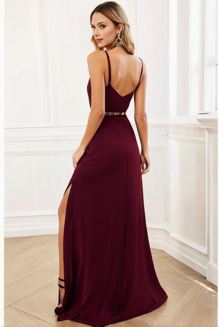 pleated v neck spaghetti strap high slit bridesmaid dress 128187