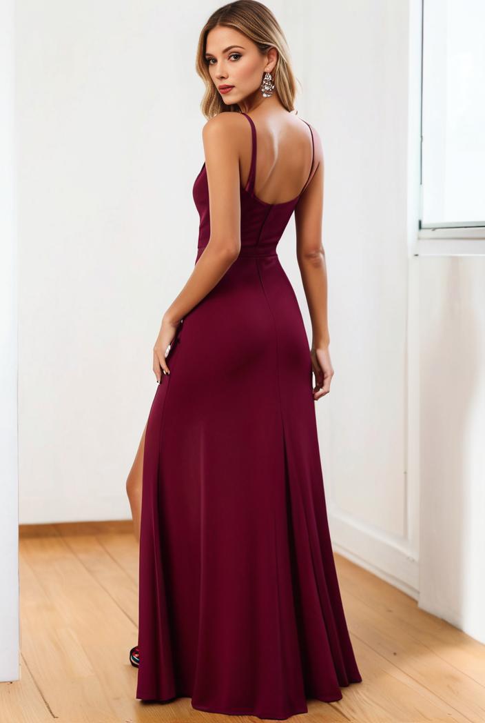pleated v neck spaghetti strap high slit bridesmaid dress 128190