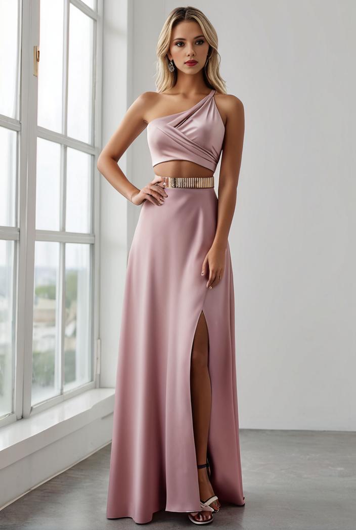 pleated v neck spaghetti strap high slit bridesmaid dress 128203