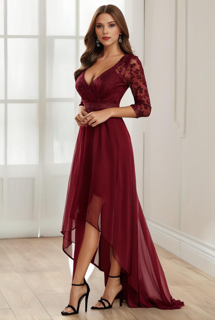 3 4 sleeve sheer sequin stripe high low hem evening dress 109973