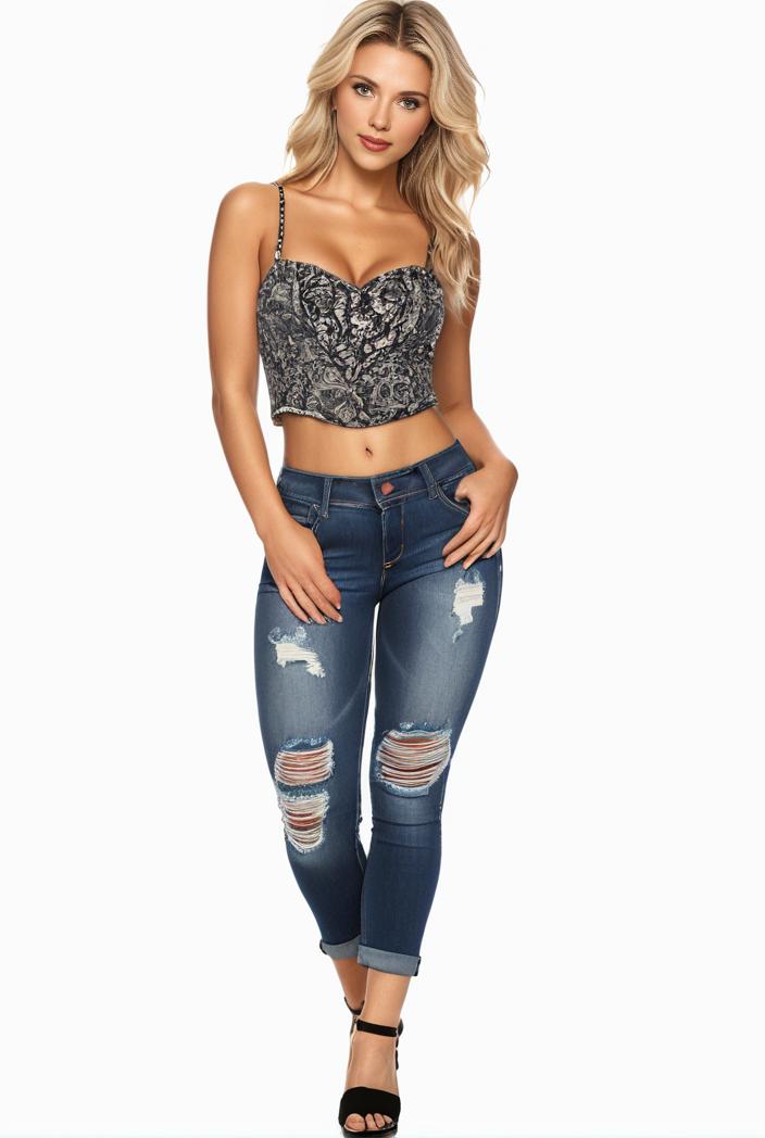 curvy high waist ripped raw hem cropped skinny denim jeans 113877