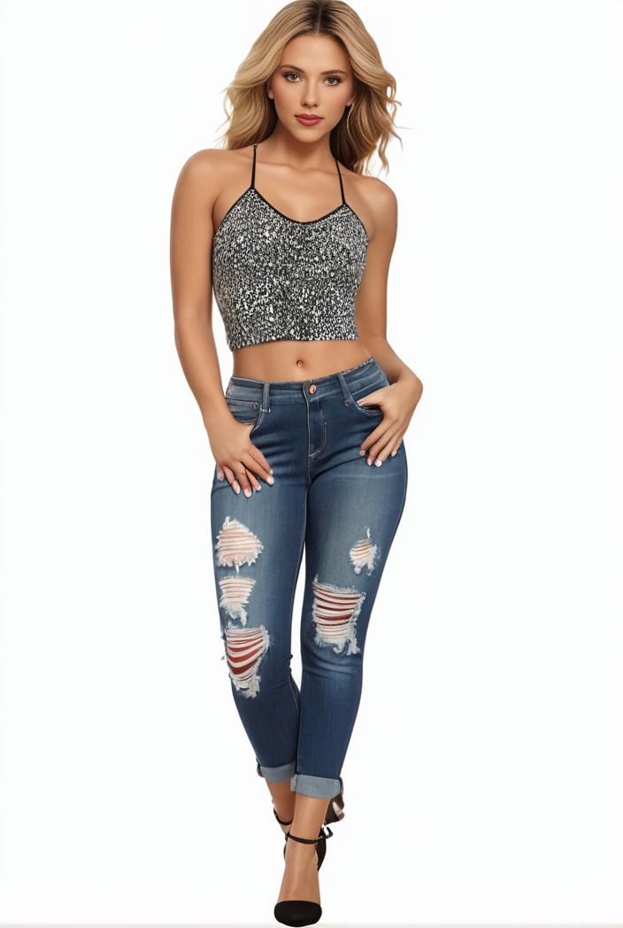 curvy high waist ripped raw hem cropped skinny denim jeans 113878