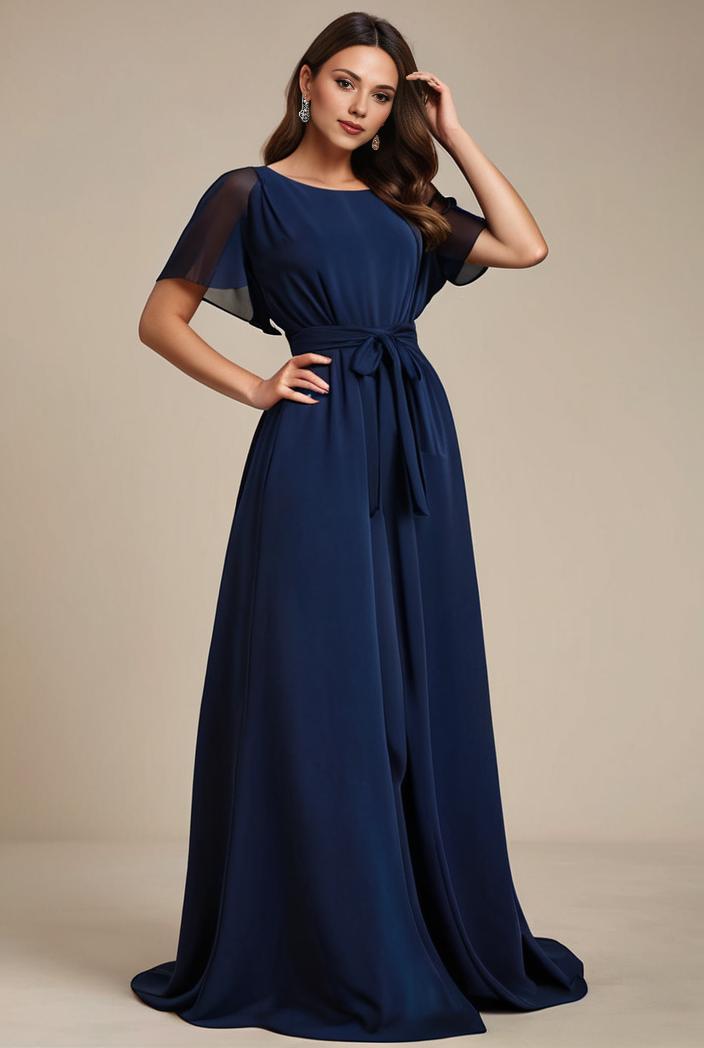 plus size simple chiffon pleated a line round neckline bridesmaid dress 133610