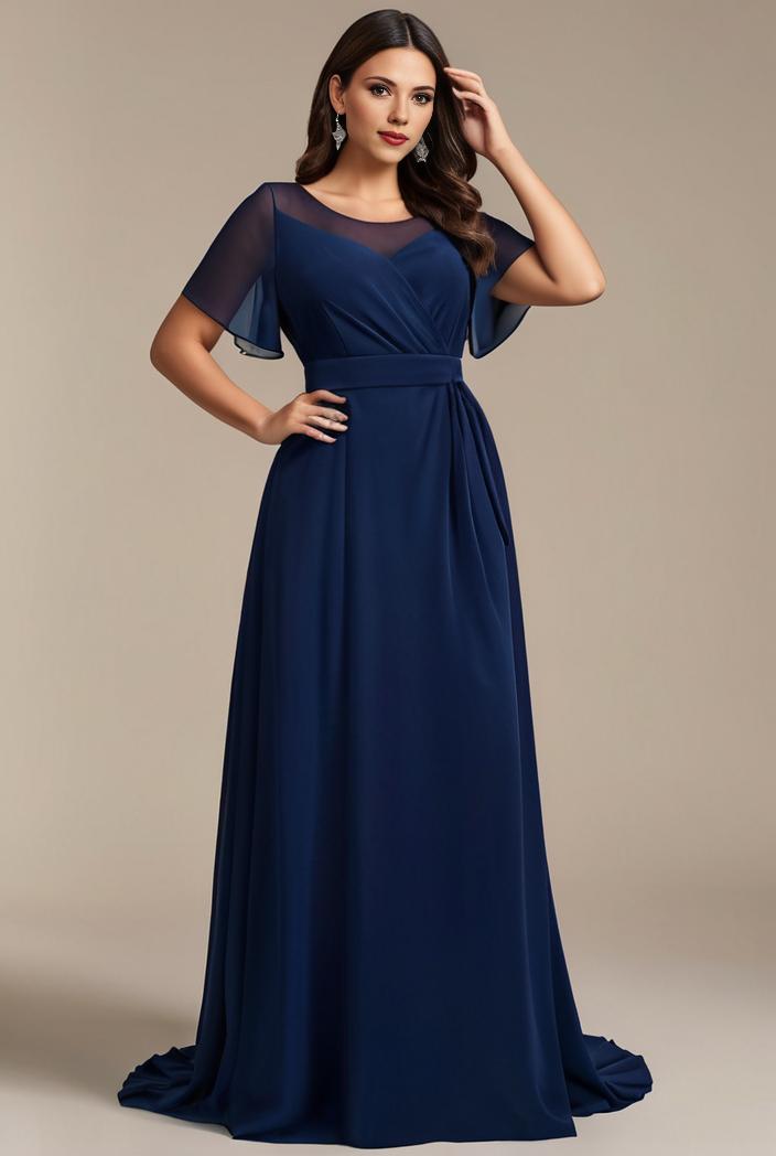plus size simple chiffon pleated a line round neckline bridesmaid dress 133613