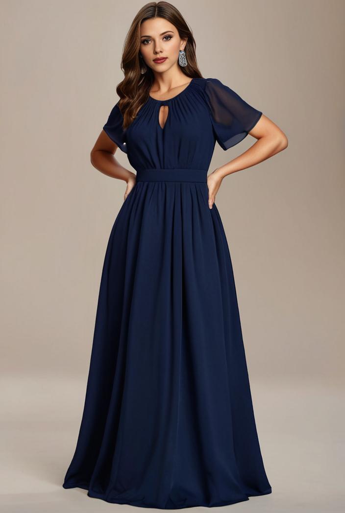 plus size simple chiffon pleated a line round neckline bridesmaid dress 133676