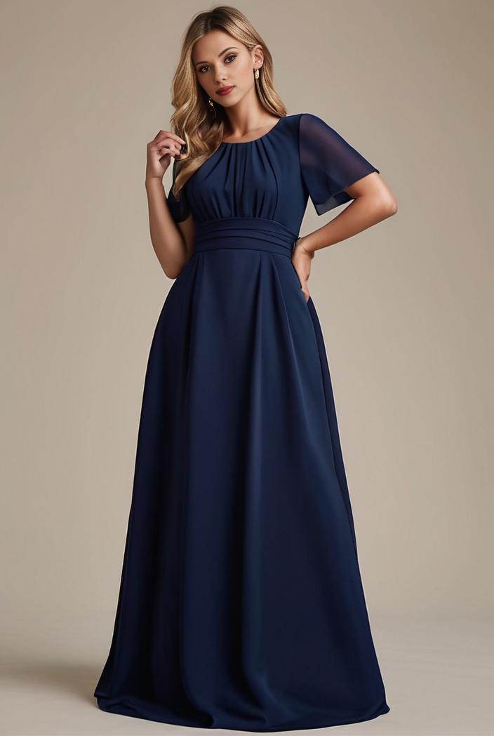 plus size simple chiffon pleated a line round neckline bridesmaid dress 133675