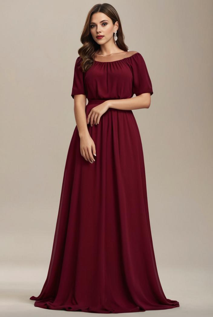 plus size simple chiffon pleated a line round neckline bridesmaid dress 133684