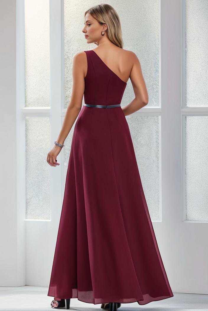 flowy chiffon one shoulder with three straps bridesmaid dress 116478