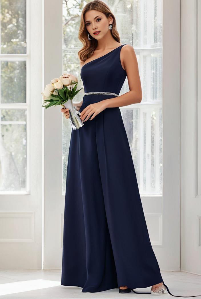 flowy chiffon one shoulder with three straps bridesmaid dress 116494