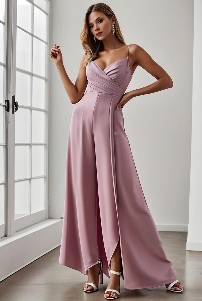 pleated v neck spaghetti strap high slit bridesmaid dress 122532