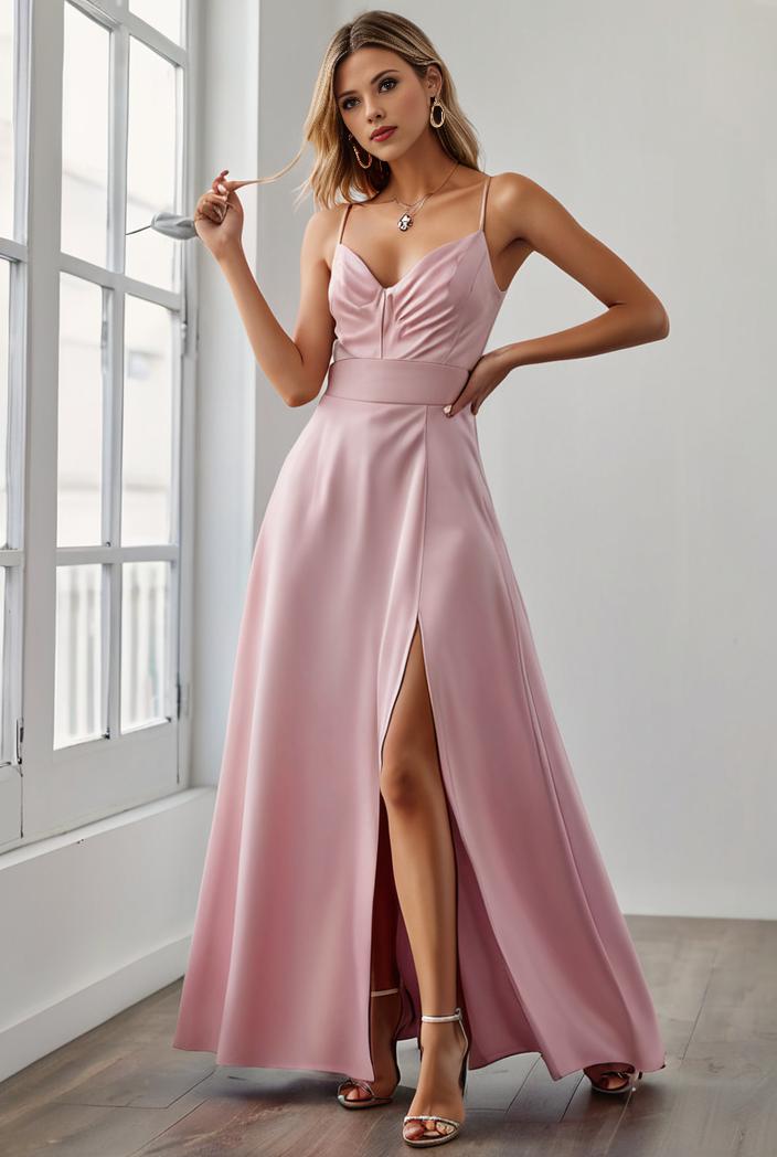pleated v neck spaghetti strap high slit bridesmaid dress 122533