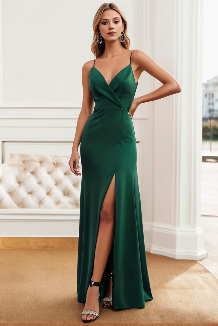 pleated v neck spaghetti strap high slit bridesmaid dress 122551