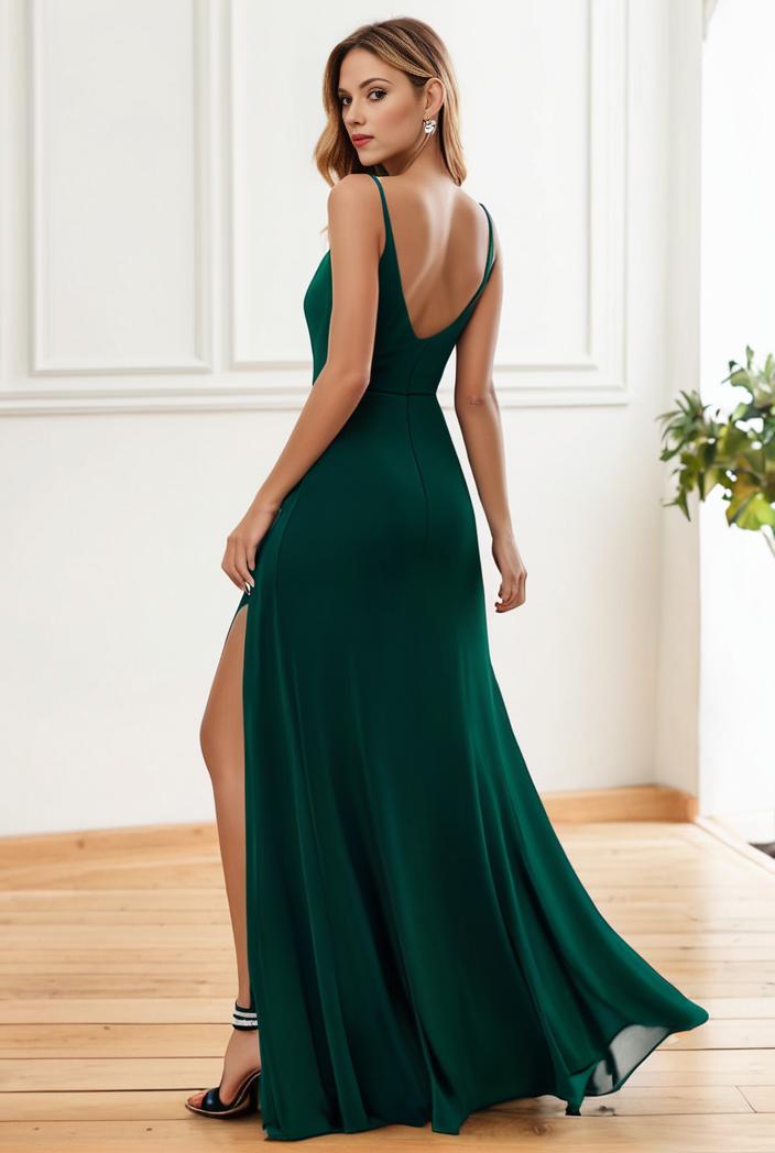 pleated v neck spaghetti strap high slit bridesmaid dress 122564